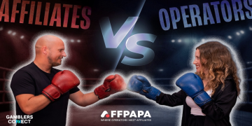 An affiliate and an operator wearing boxing gloves in a ring, representing the "Affiliates vs Operators" discussion series by AffPapa.