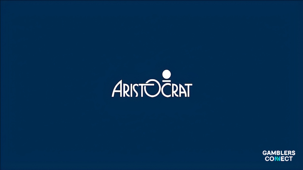A secondary view of the Aristocrat Leisure Limited logo on a dark blue background with the Gamblers Connect watermark, indicating industry-leading tech reporting.
