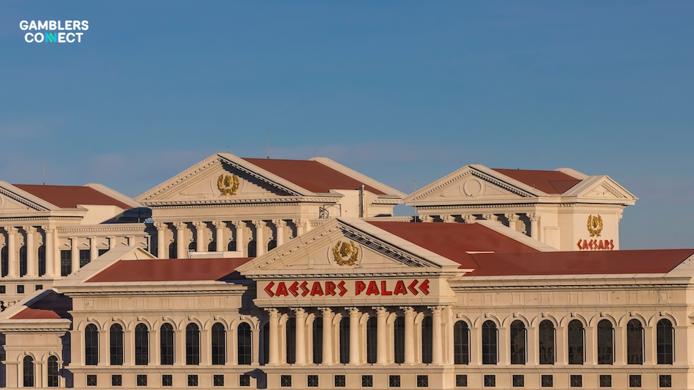The Roman-themed architecture and signage of Caesars Palace Las Vegas on the Strip.