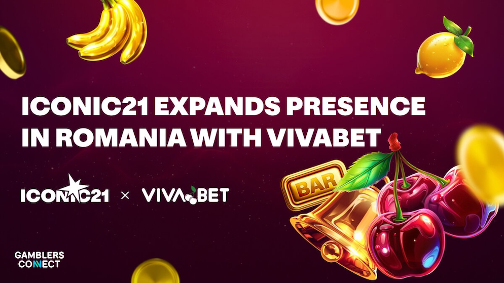 Professional branding for ICONIC21 and VivaBet Romania with vibrant fruit and bell casino icons.