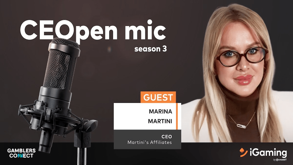 Close-up of Marina Martini on the CEOpen Mic broadcast graphic, highlighting her role as CEO and Guest for the new season.
