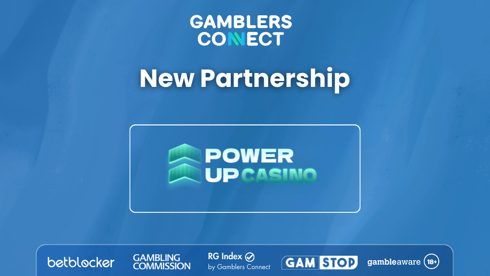 A blue branded graphic showing the PowerUp Casino logo with Gamblers Connect and responsible gambling seals like BetBlocker and GamStop.