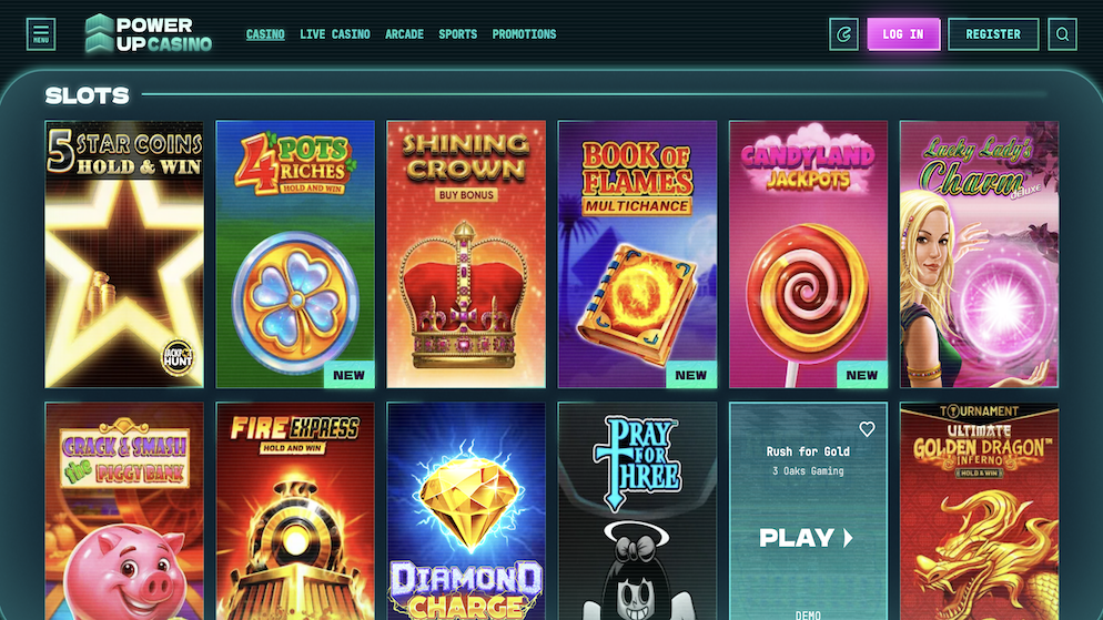 PowerUp Casino slot games library featuring 5 Star Coins, Shining Crown, and Book of Flames.