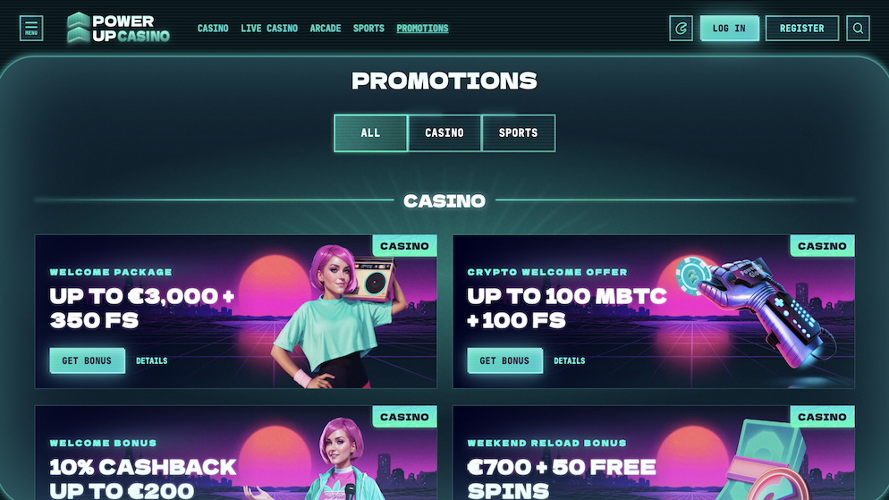 Overview of available promotions including weekly reloads and Sunday free spins.