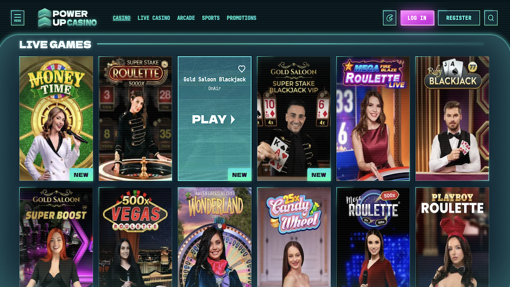 PowerUp Live Casino lobby featuring Gold Saloon Blackjack and Mega Fire Blaze Roulette.