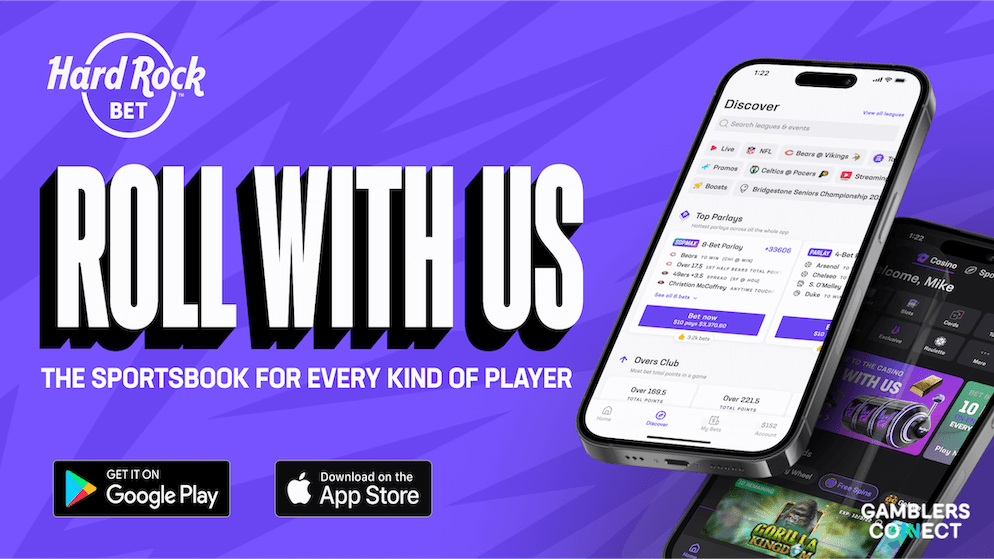 Promotional graphic for Hard Rock Bet Sportsbook app on a smartphone, highlighting the new 'Roll With Us' marketing campaign and esports offerings.
