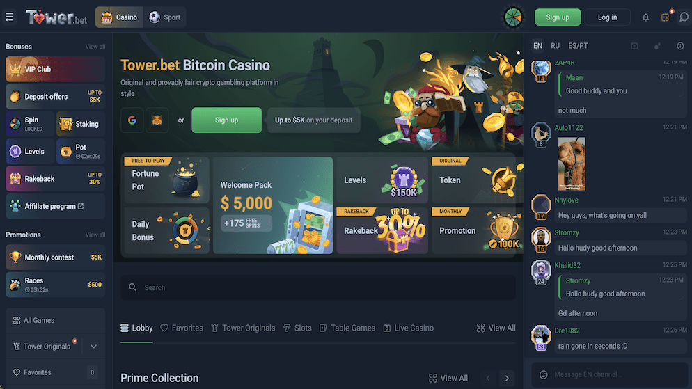 The official Tower.bet Bitcoin Casino homepage showing the $5,000 welcome pack and the active global player chat.