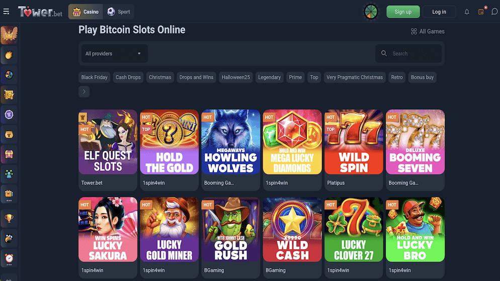 A selection of Bitcoin slots at Tower.bet, featuring exclusive Tower Originals like Elf Quest and Hold the Gold.