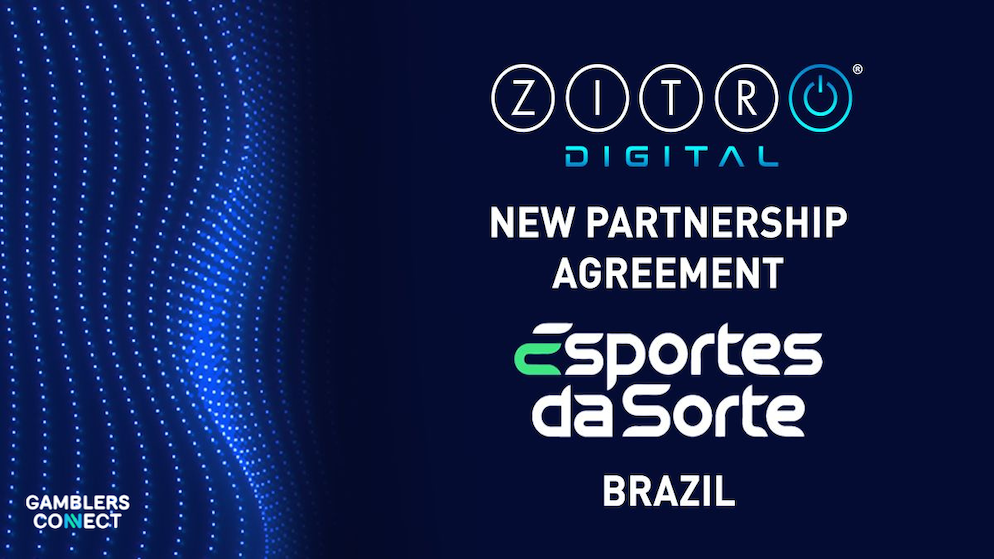 Professional graphic displaying the Zitro Digital logo and the "New Partnership Agreement" text above the Esportes da Sorte Brazil branding.